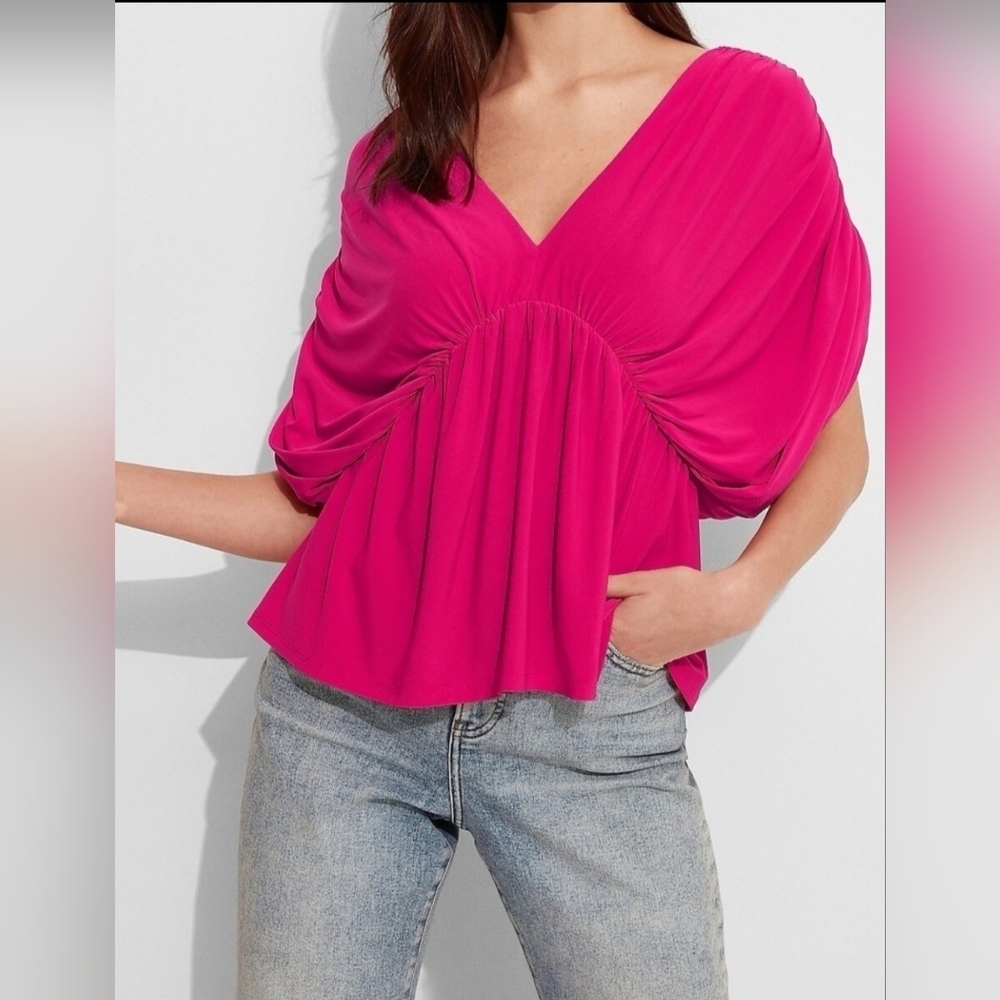 NWT Express Deep V-Neck Draped Fuschia Peplum Blouse Size Small